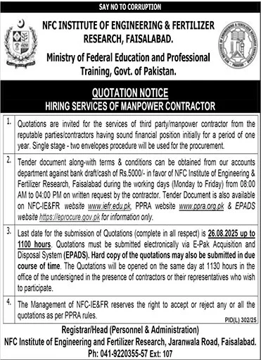 NFC Institute of Engineering & Fertilizer Research Faisalabad Tender Notice